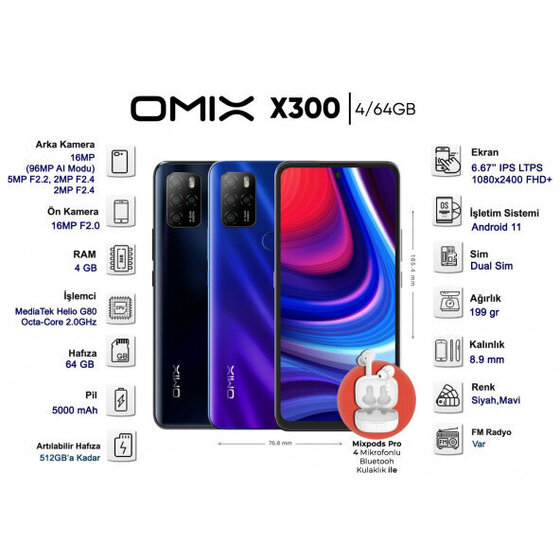 Omix X300 Mavi 4gb Ram/64 Gb Rom Mixpods Pro Kulaklık Hediye