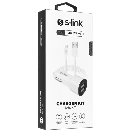 S-link SL-EC30L iPhone Lightning Kablolu 3.4A 2 USB Beyaz Araç Şarj Cihazı