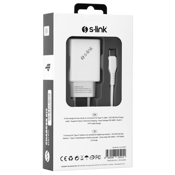 S-link SL-EC50 (SL-EC50T) 5V 2400MA Type-C Kablolu 2 USB Çıkışlı Beyaz Ev Şarj Adaptörü