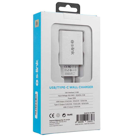 S-link SL-EC60 20W PD3.0/Quick Charge QC3.0 Type USB-C +USB A Hızlı Beyaz Ev Şarj Adaptör