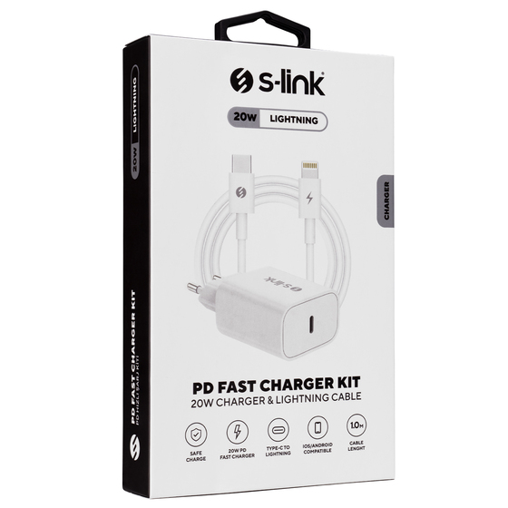 S-link SL-EC62PD 20W PD3.0/Quick Charge QC4.0 PD lightning Kablolu Hızlı Ev Şarj Adaptörü