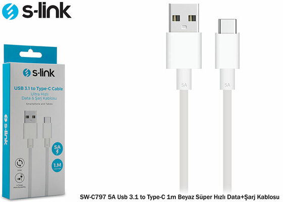 S-LINK SW-C797 5A USB 3.1 TO TYPE-C 1M BEYAZ SUPER HIZLI DATA+SARJ KABLOSU