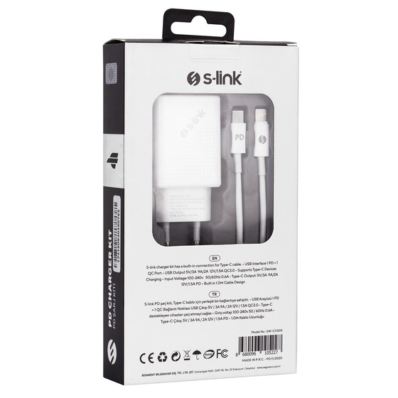 S-link Swapp SW-C1130X Lightning PD Kablo 18W PD3.0/Quick Charge QC3.0 Type USB-C +USB A Beyaz Hızlı