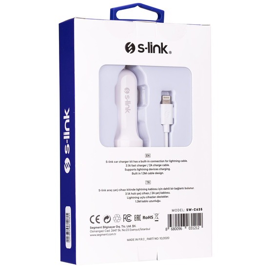 S-LINK SWAPP SW-C635 1 USB + LIGHTNING 3.1A KABLOLU ARAC SARJ CIHAZI